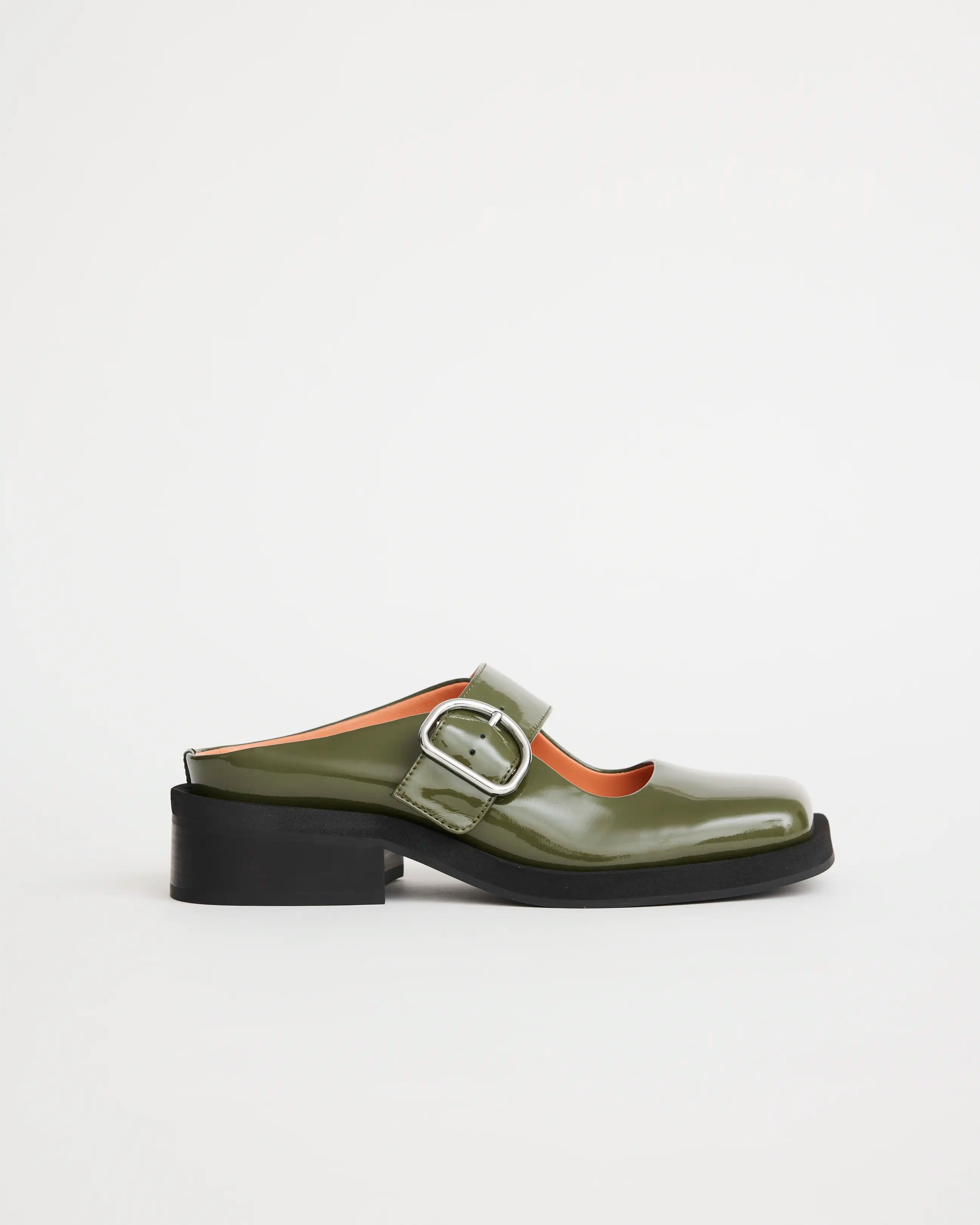 Badu: Square Toe Leather Mule Shoes in Moss Green