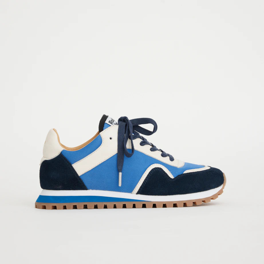 Women's retro style lace up sneaker in bright multi coloured panels featuring blue suede, light blue nylon and milk coloured suede. Features removable inner sole.