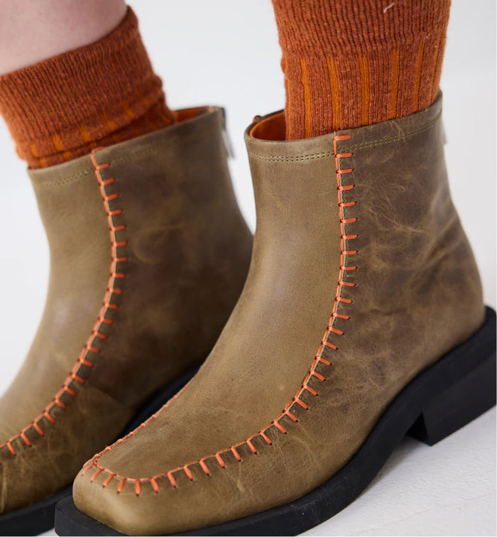 Rocket Square Toe Boots with Topstitch Detail | Burnt Sage