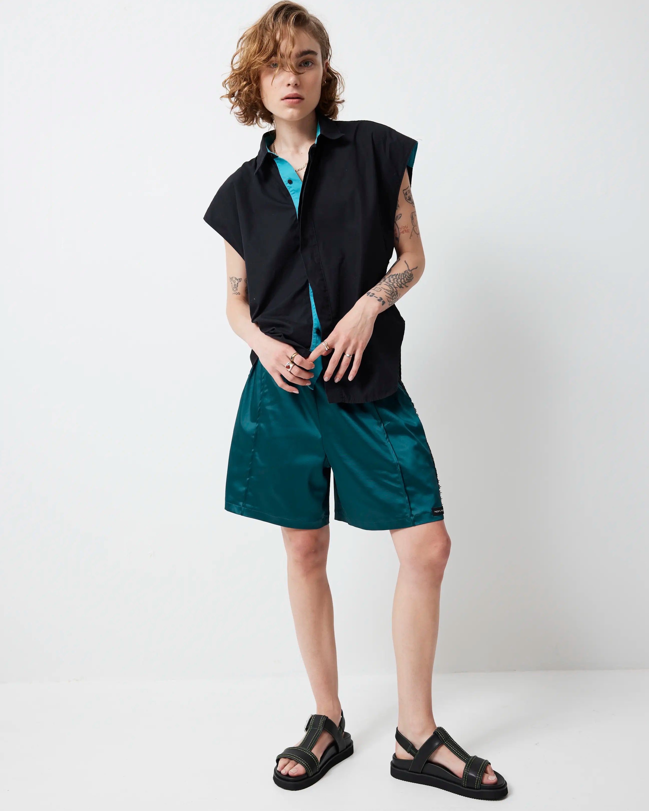 Visby T-Bar Sandal | Black with Green Topstitch