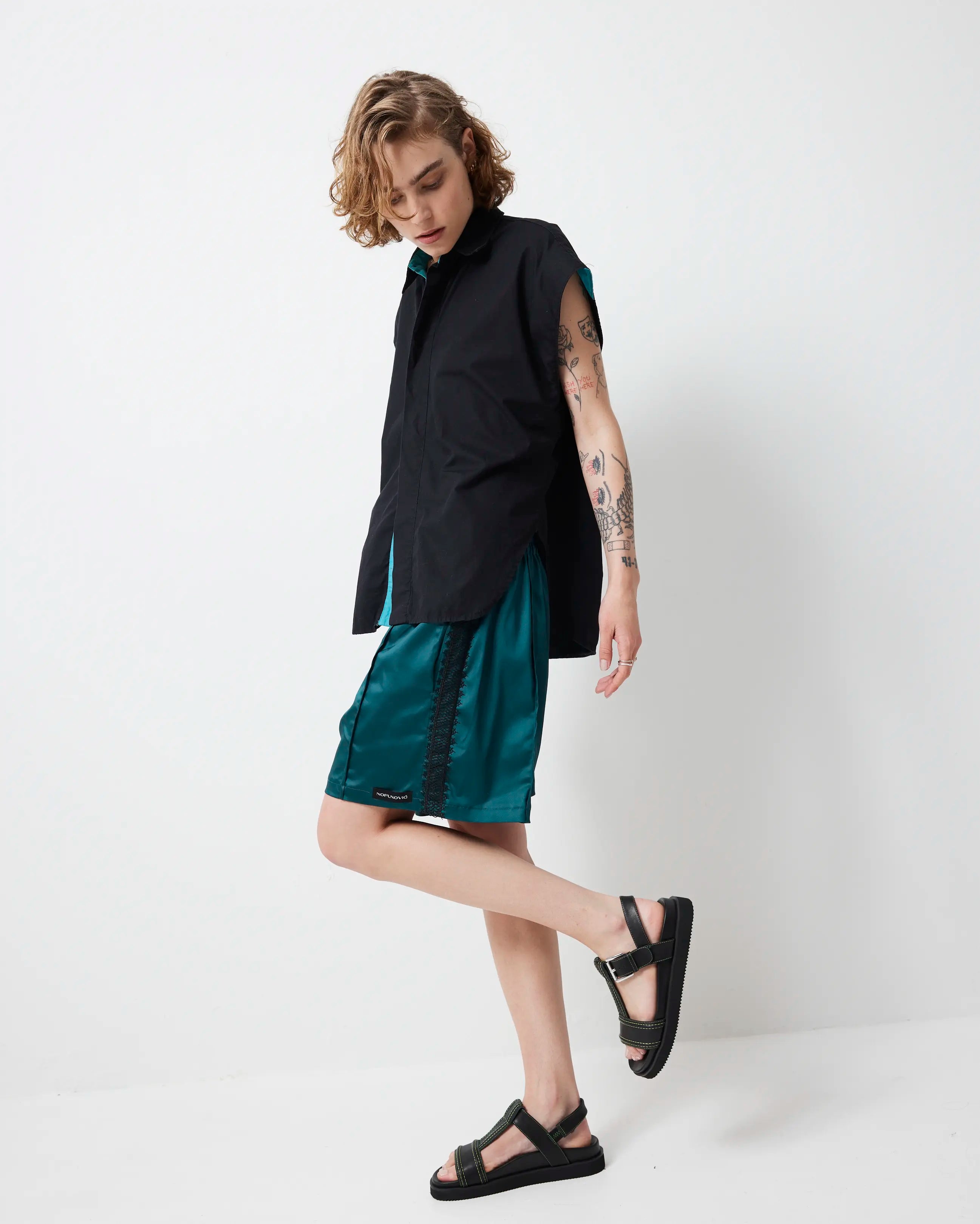 Visby T-Bar Sandal | Black with Green Topstitch