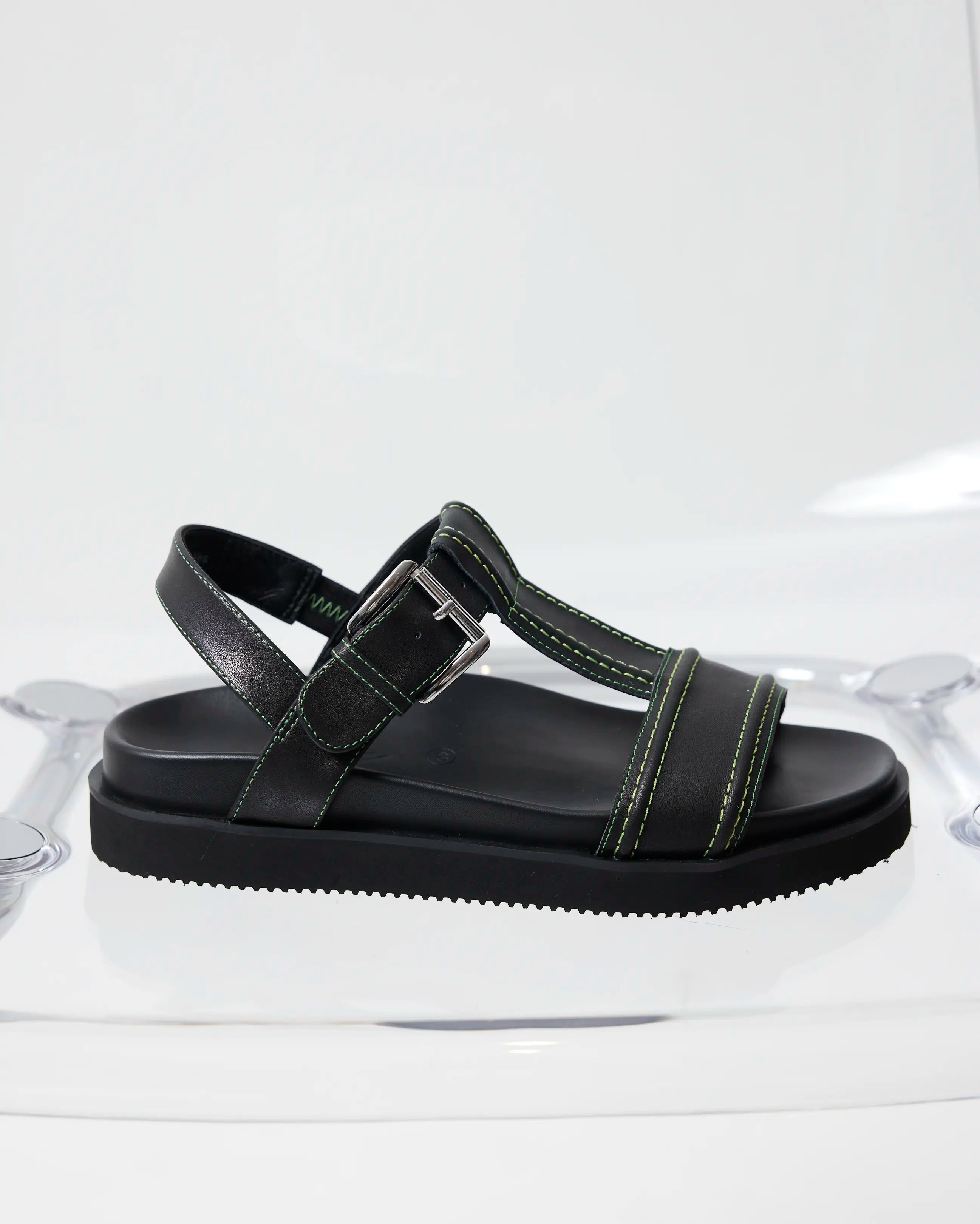 Visby T-Bar Sandal | Black with Green Topstitch