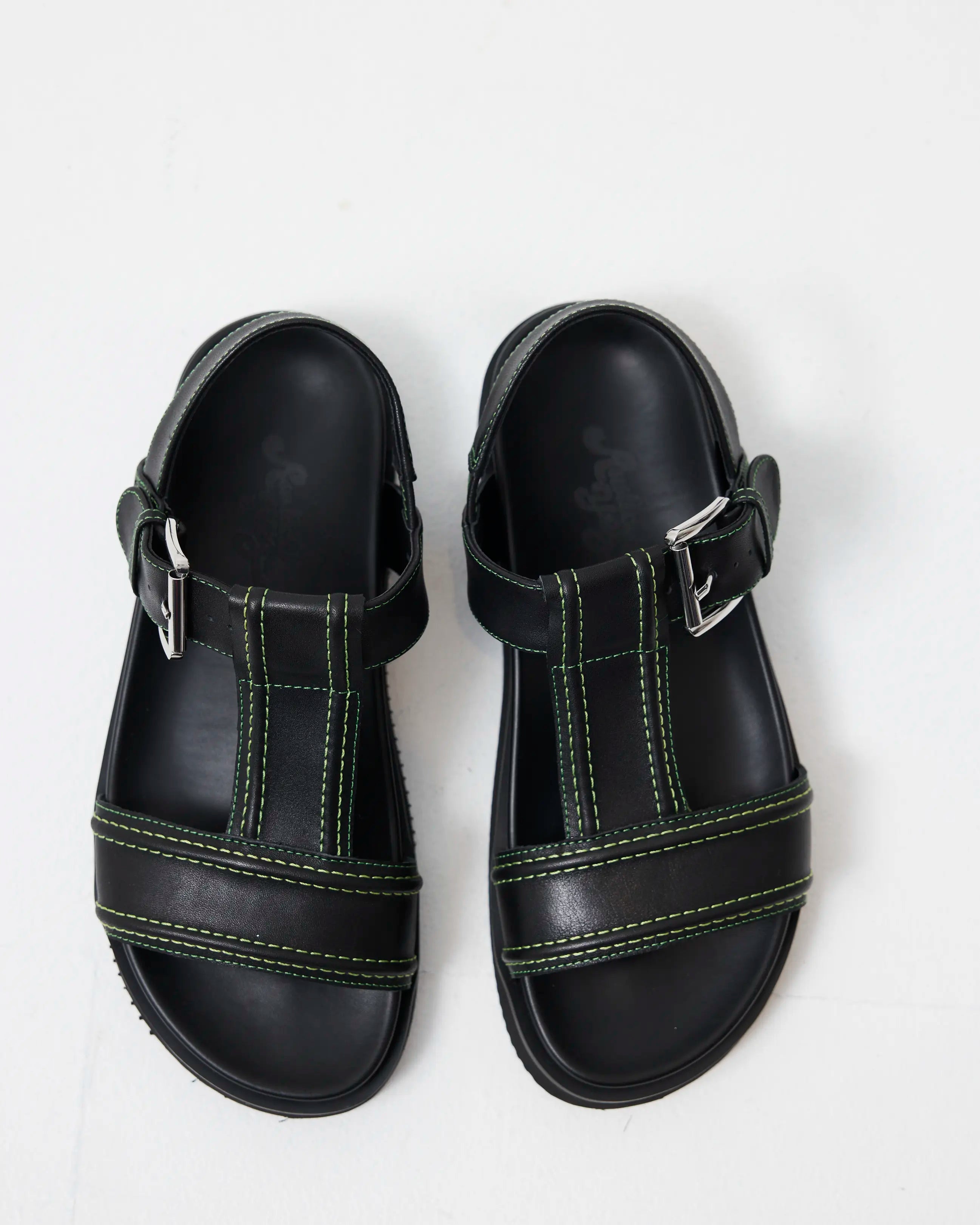 Visby T-Bar Sandal | Black with Green Topstitch
