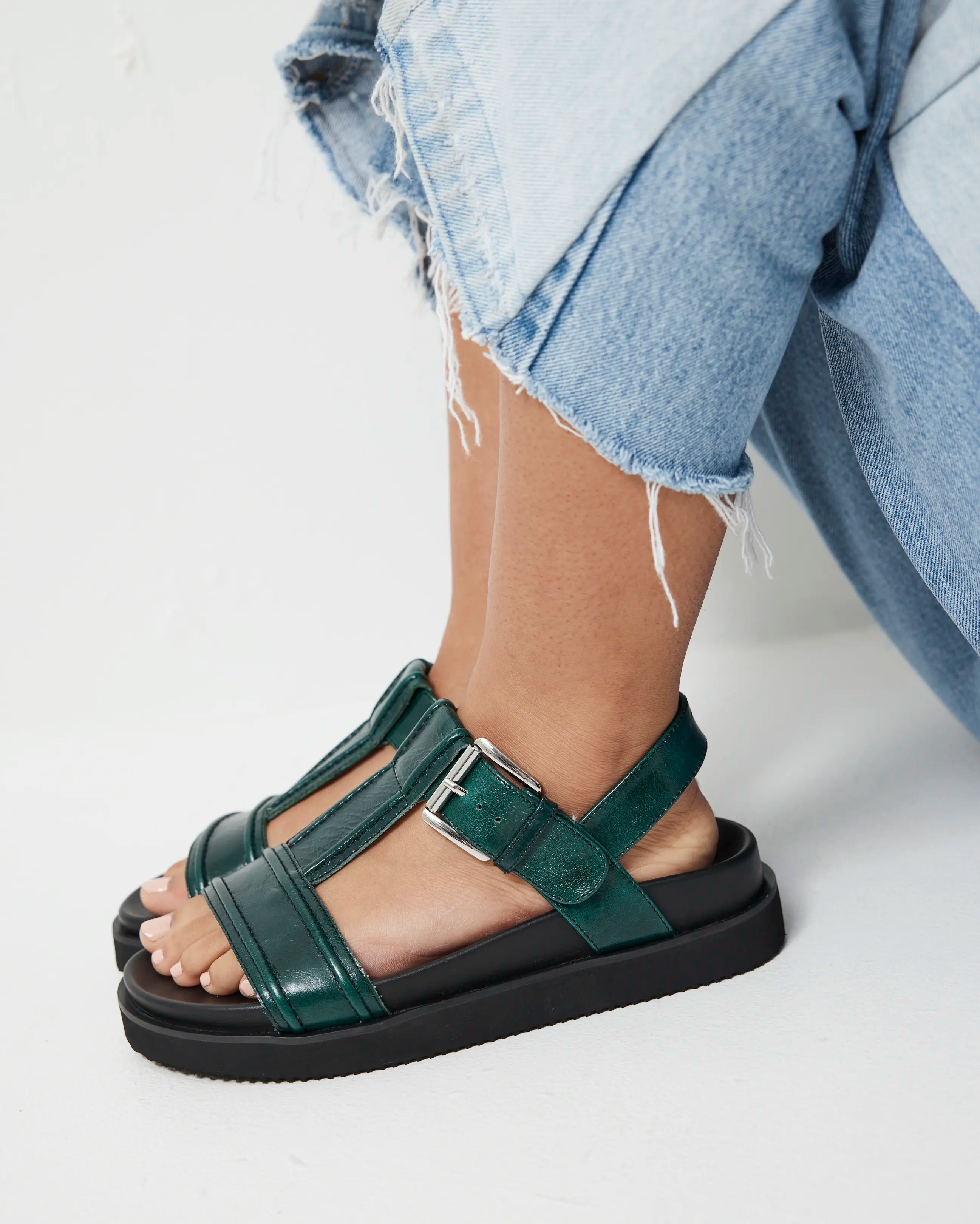 Visby T-Bar Sandal | Jade Green with Black Topstitch