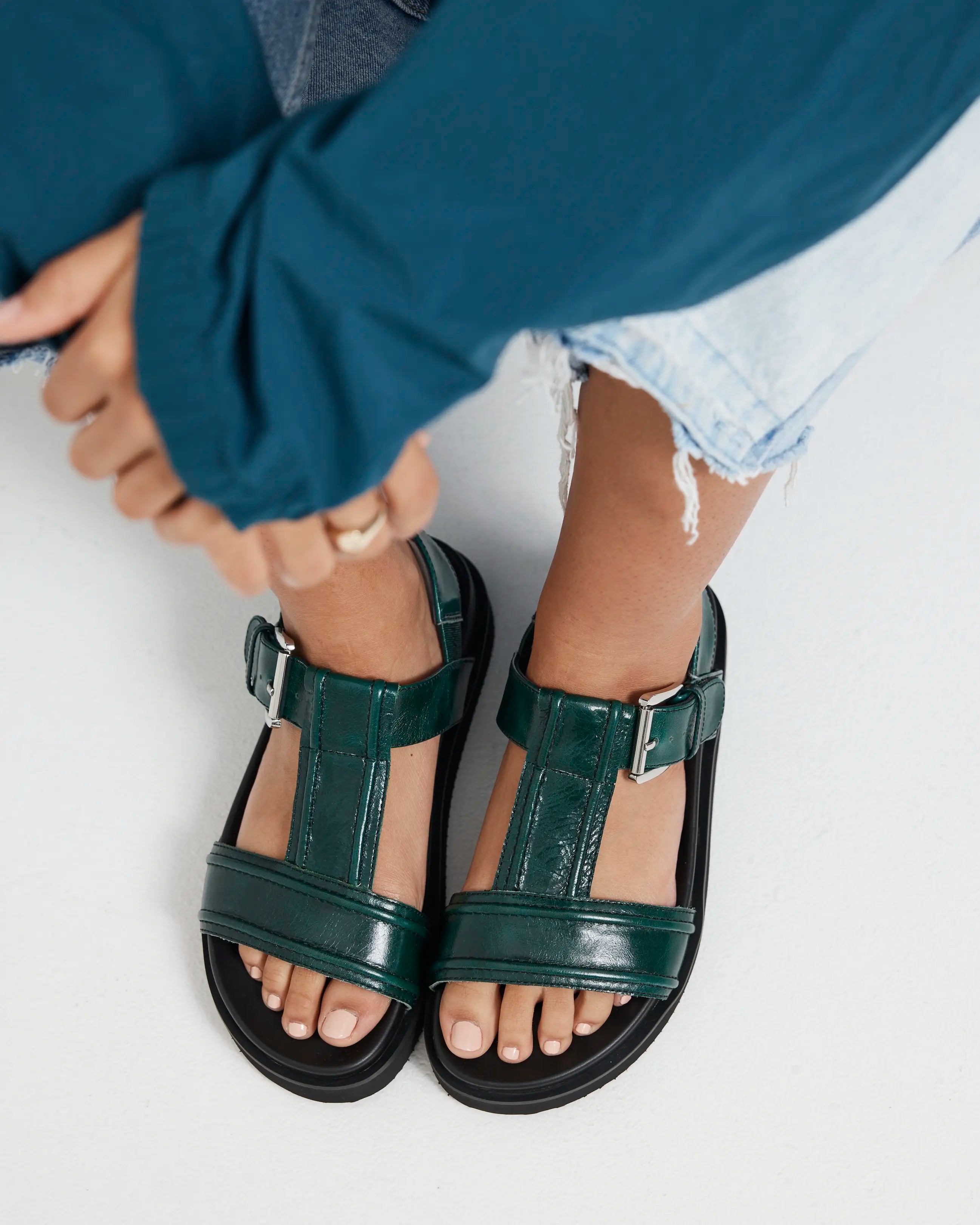Visby T-Bar Sandal | Jade Green with Black Topstitch