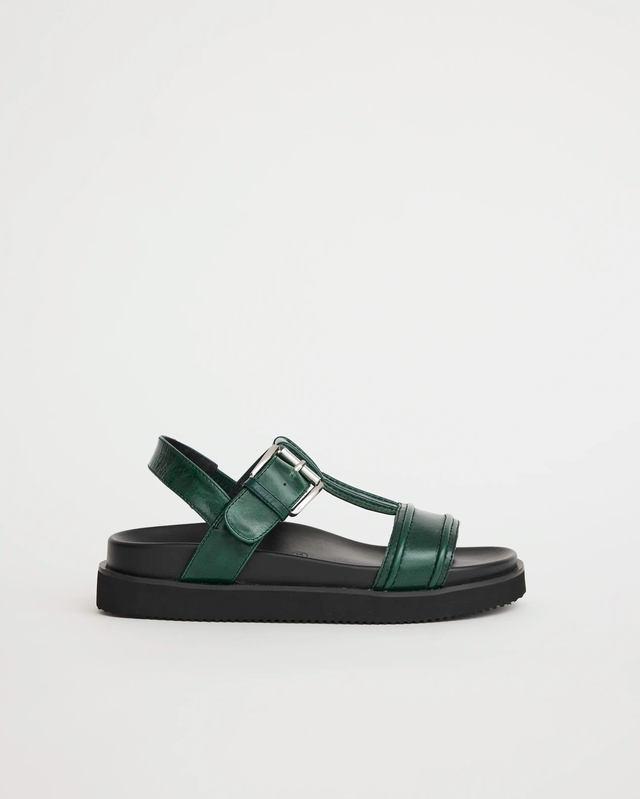 Visby T-Bar Sandal | Jade Green with Black Topstitch