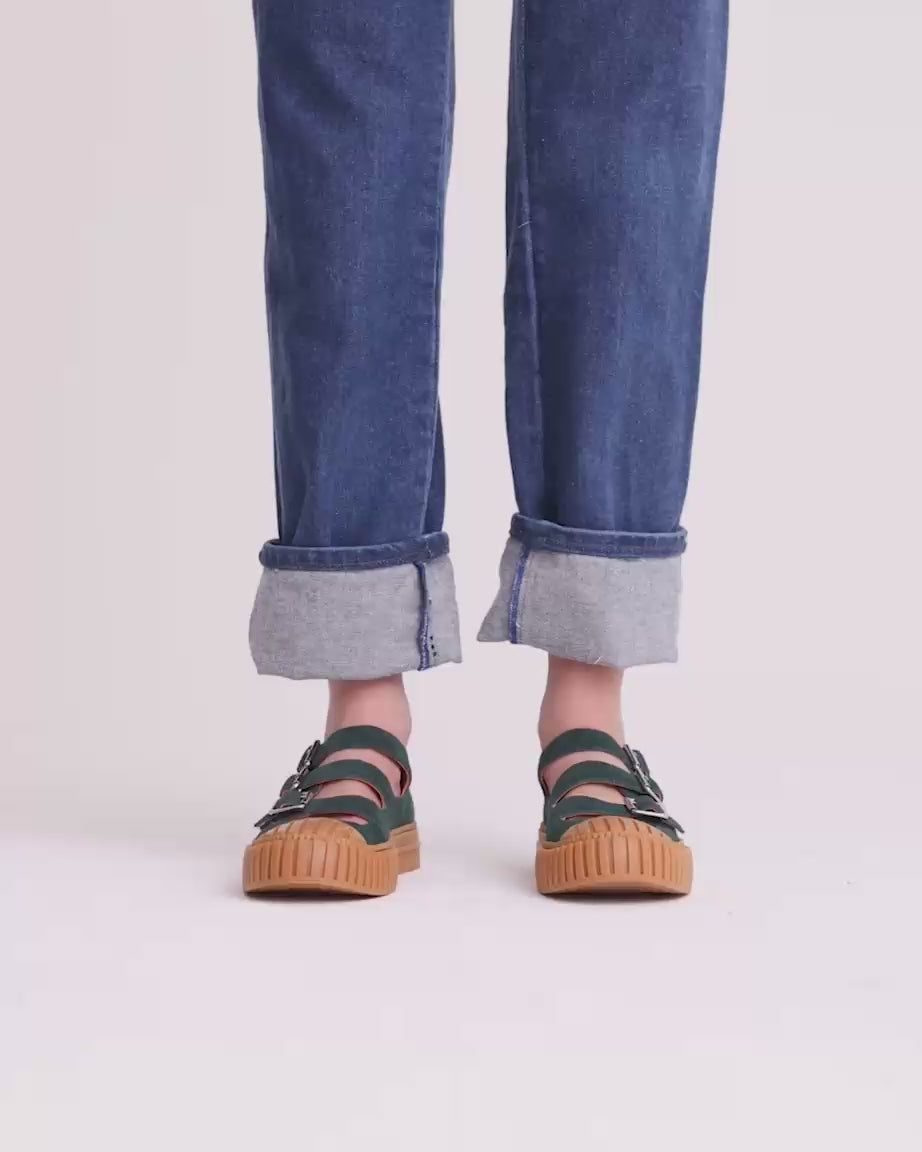 Tao Buckle: Buckle Shoes in Bottle Green Suede