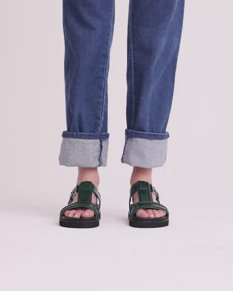Load video: Visby T-Bar Sandal | Jade Green with Black Topstitch