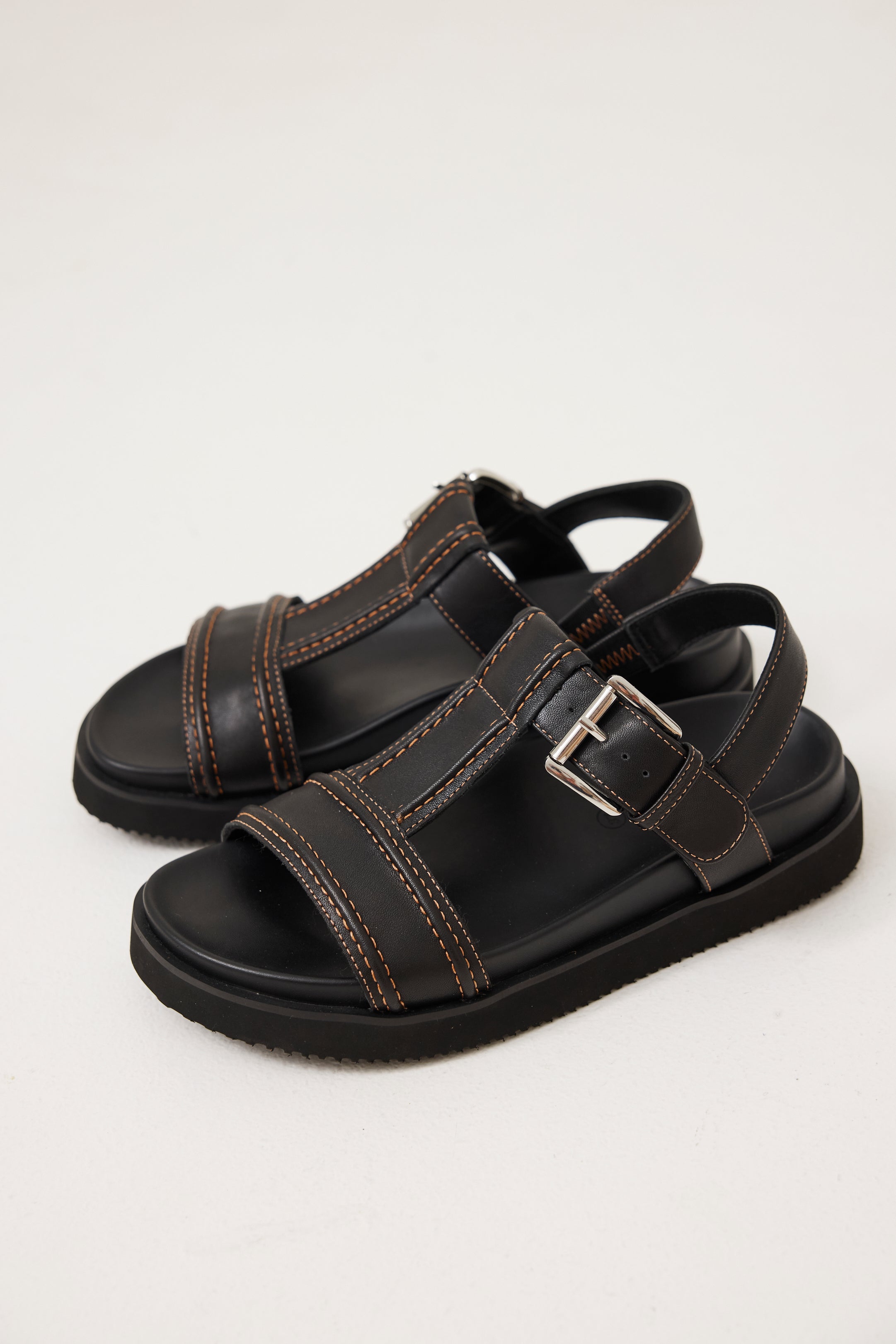 Visby T-Bar Sandal | Black with Electric Peach Topstitch