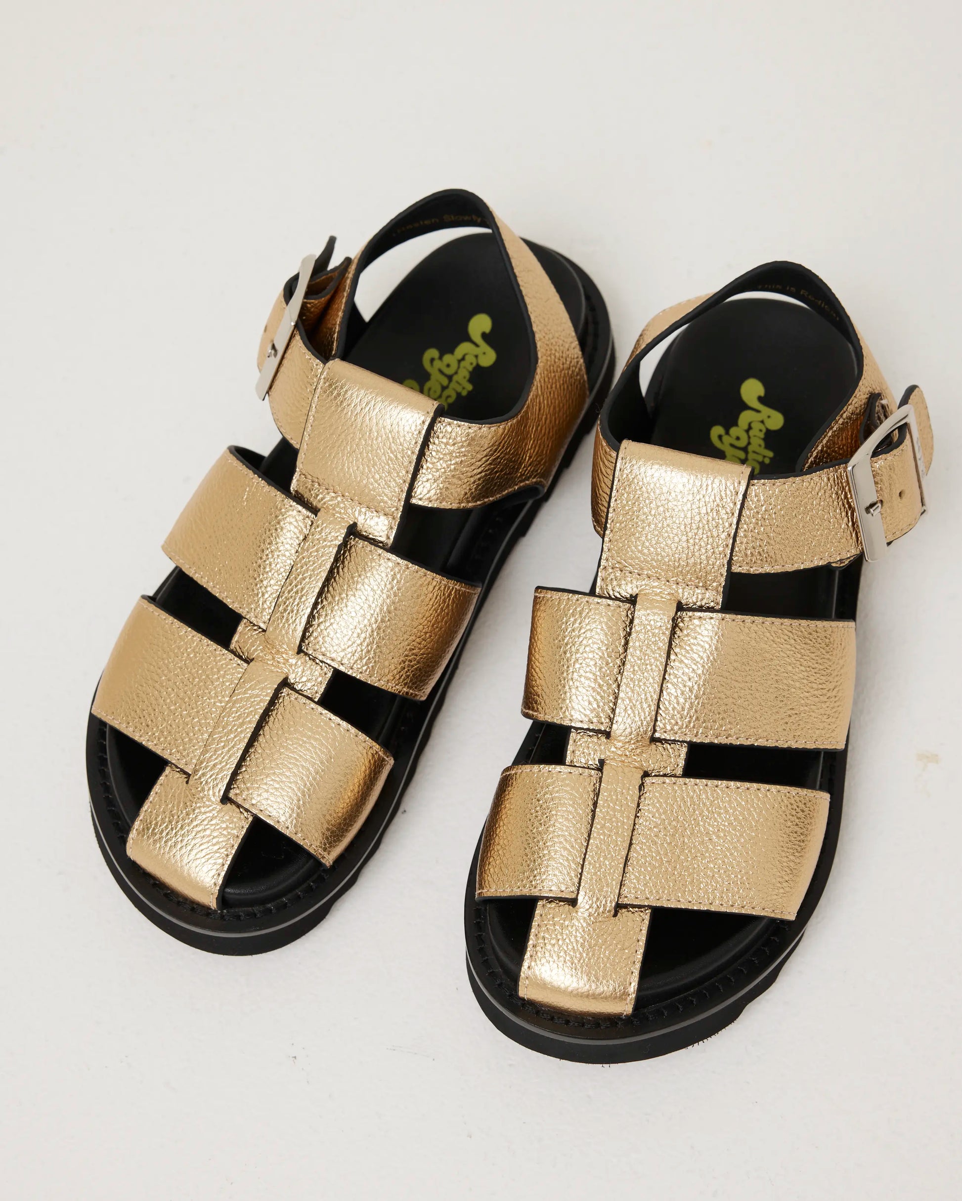 Pair of gold and black sandals on a light gray background