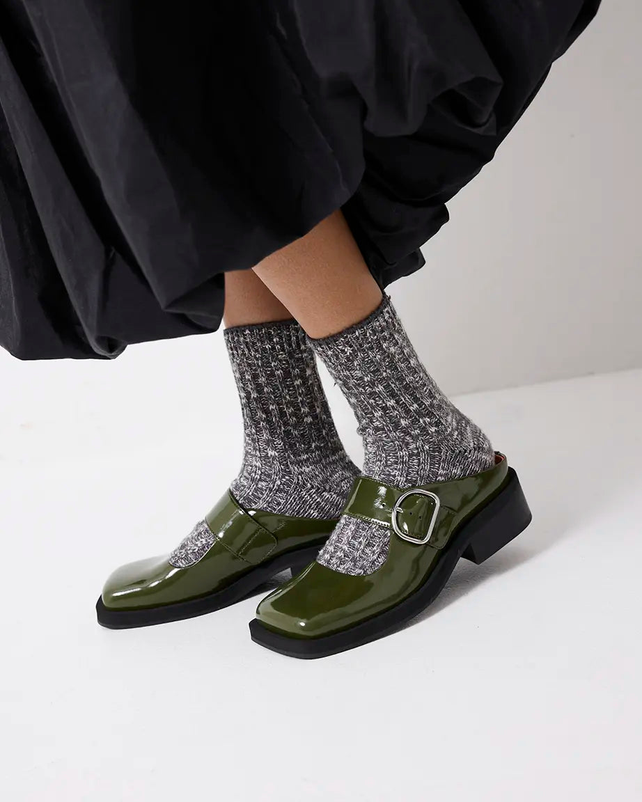 Badu Square Toe Leather Mule | Moss Green