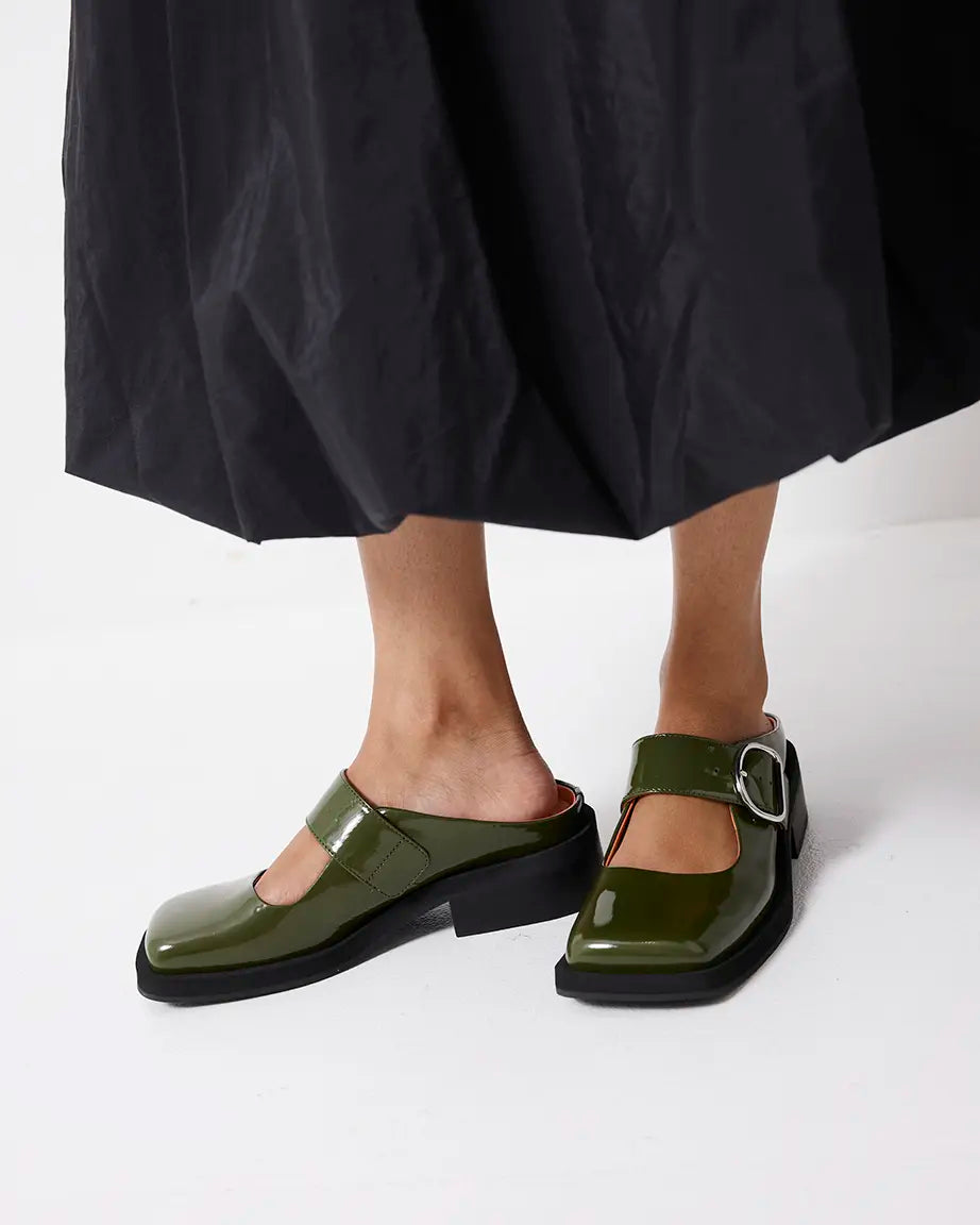 Badu Square Toe Leather Mule | Moss Green
