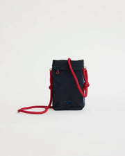 Blue crossbody phone pouch with a red strap on a white background