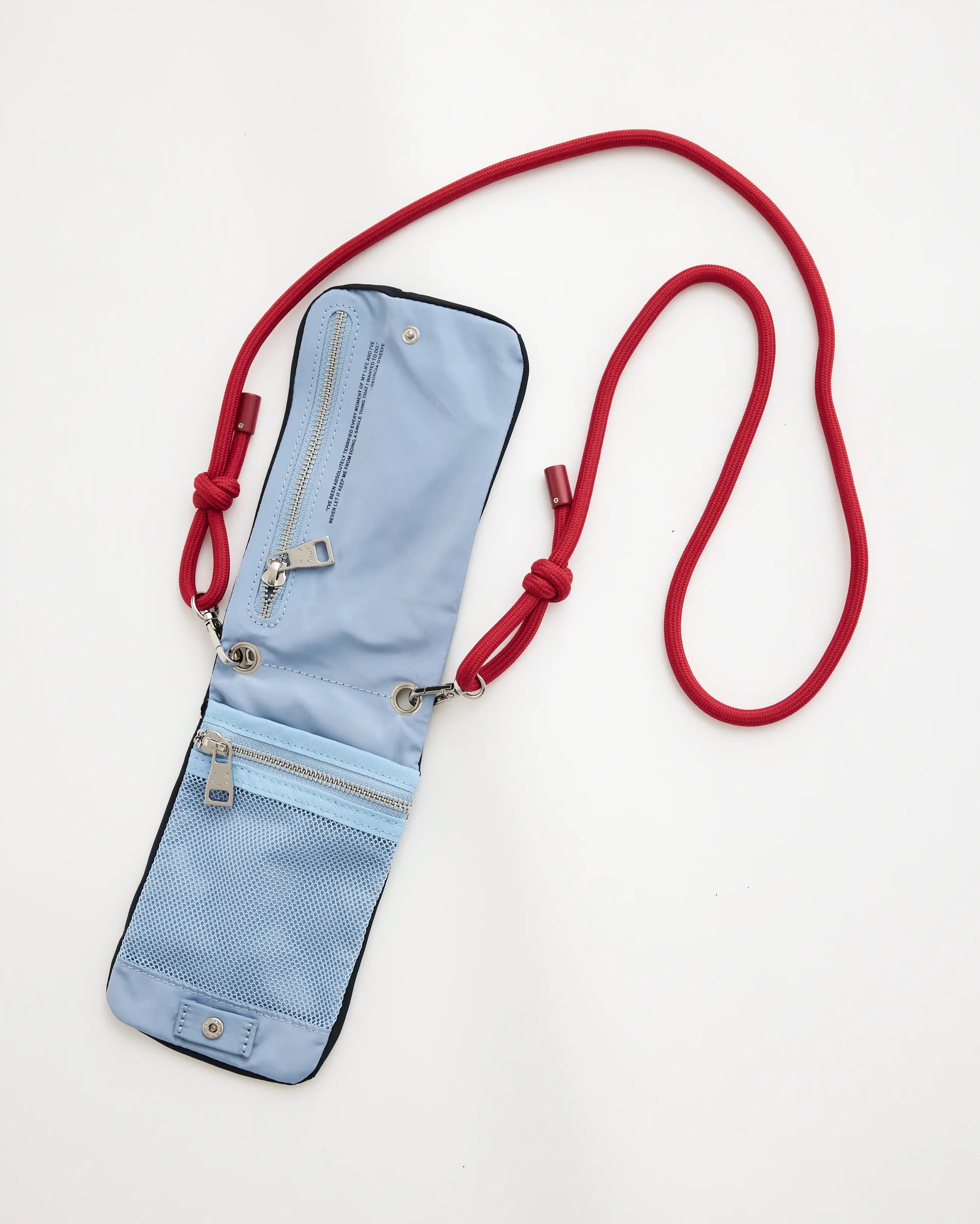 Blue phone pouch with a red strap on a white background