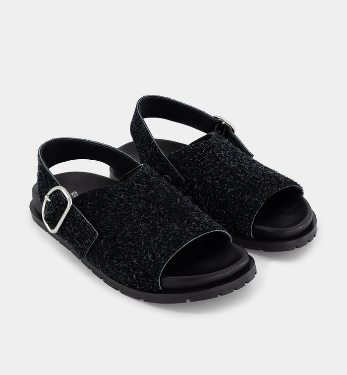 Jana Buckle Slide | Black Shag Suede