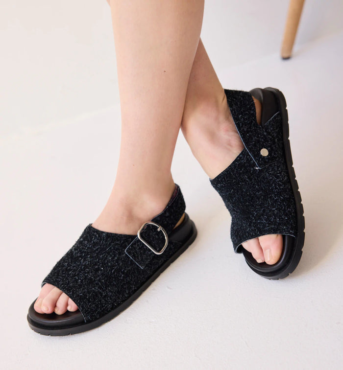 Jana Buckle Slide | Black Shag Suede