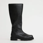 Black leather square toe tall boot with a chunky sole