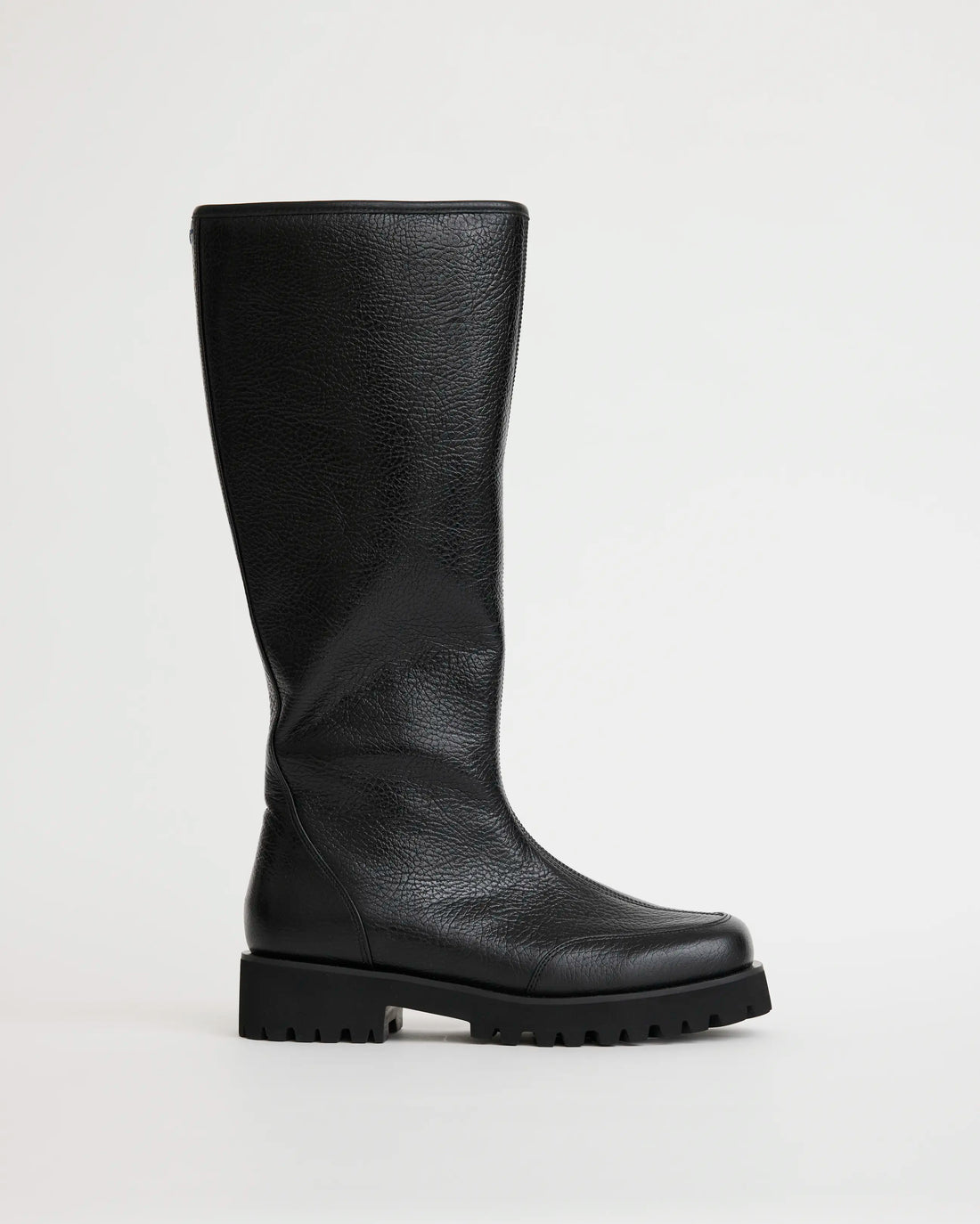 Black leather square toe tall boot with a chunky sole