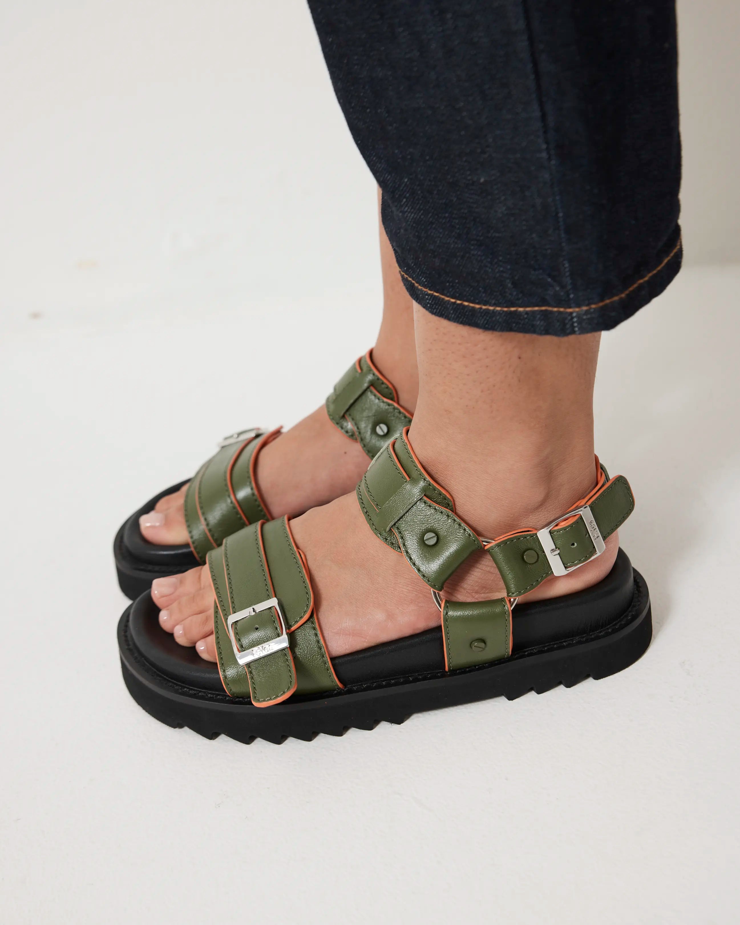 Rae Harness Leather Sandal | Moss Green