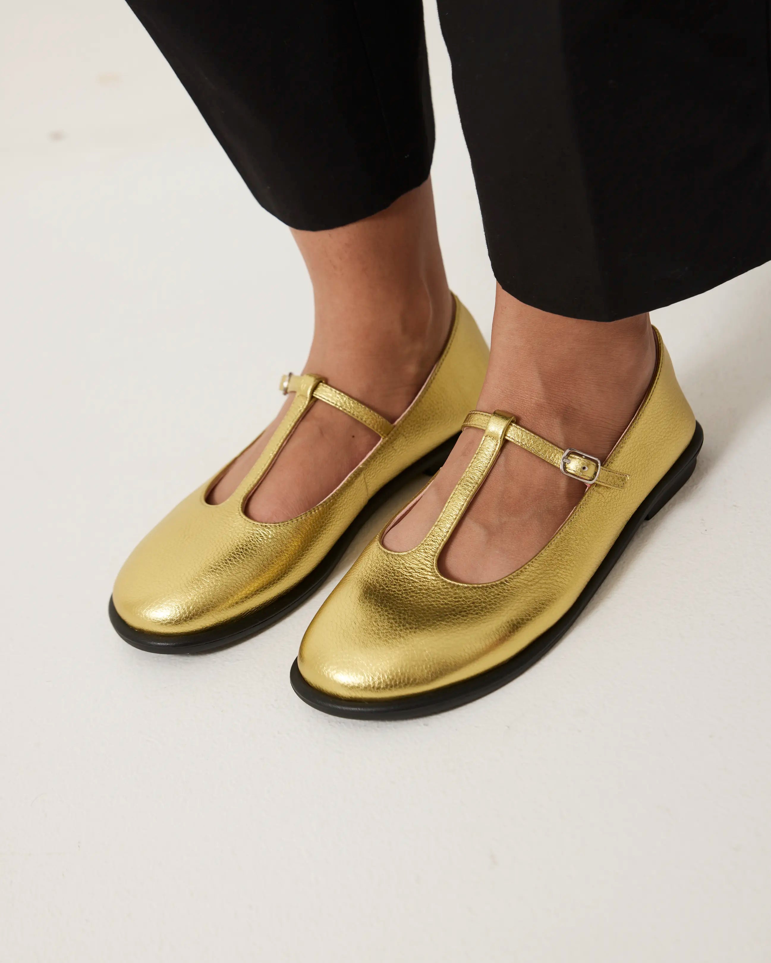 Reilly T-Bar Leather Shoe | Citronelle Metallic