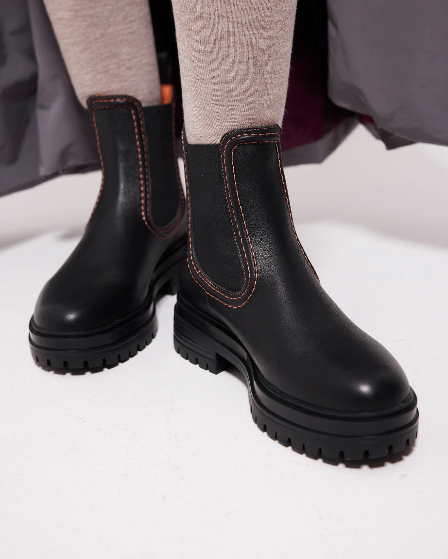 Reni Leather Chelsea Boots with Overstitch Detail | Black with Electric Peach