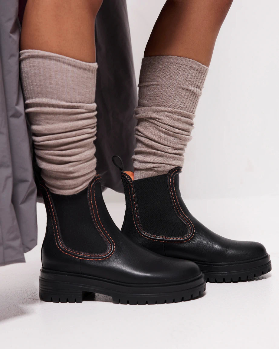Reni Leather Chelsea Boots with Overstitch Detail | Black with Electric Peach