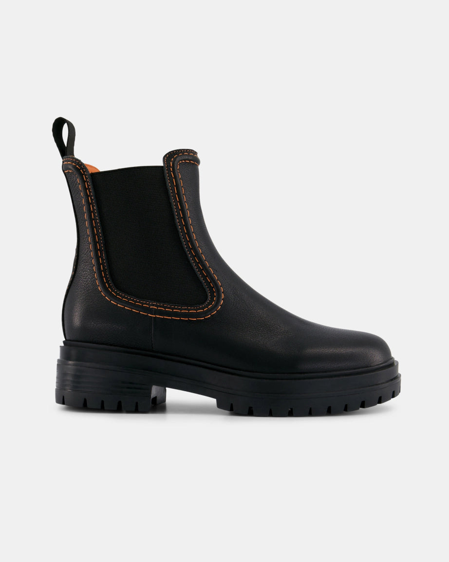 Reni Leather Chelsea Boots with Overstitch Detail | Black with Electric Peach