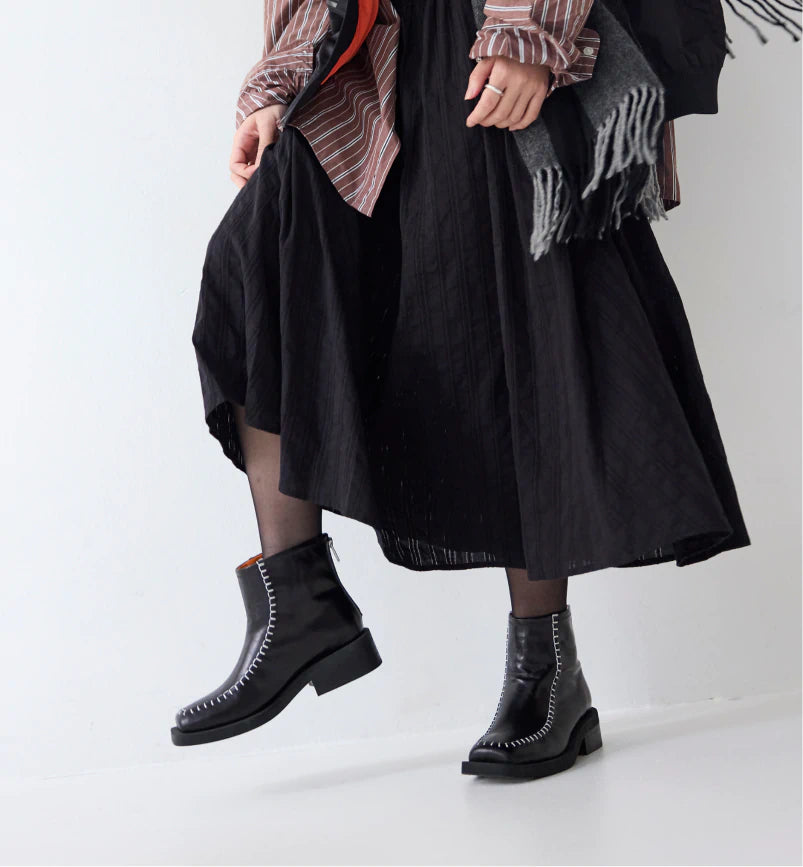 Rocket Square Toe Boots with Topstitch Detail Black