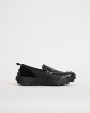 Black leather sporty loafer shoe on a white background