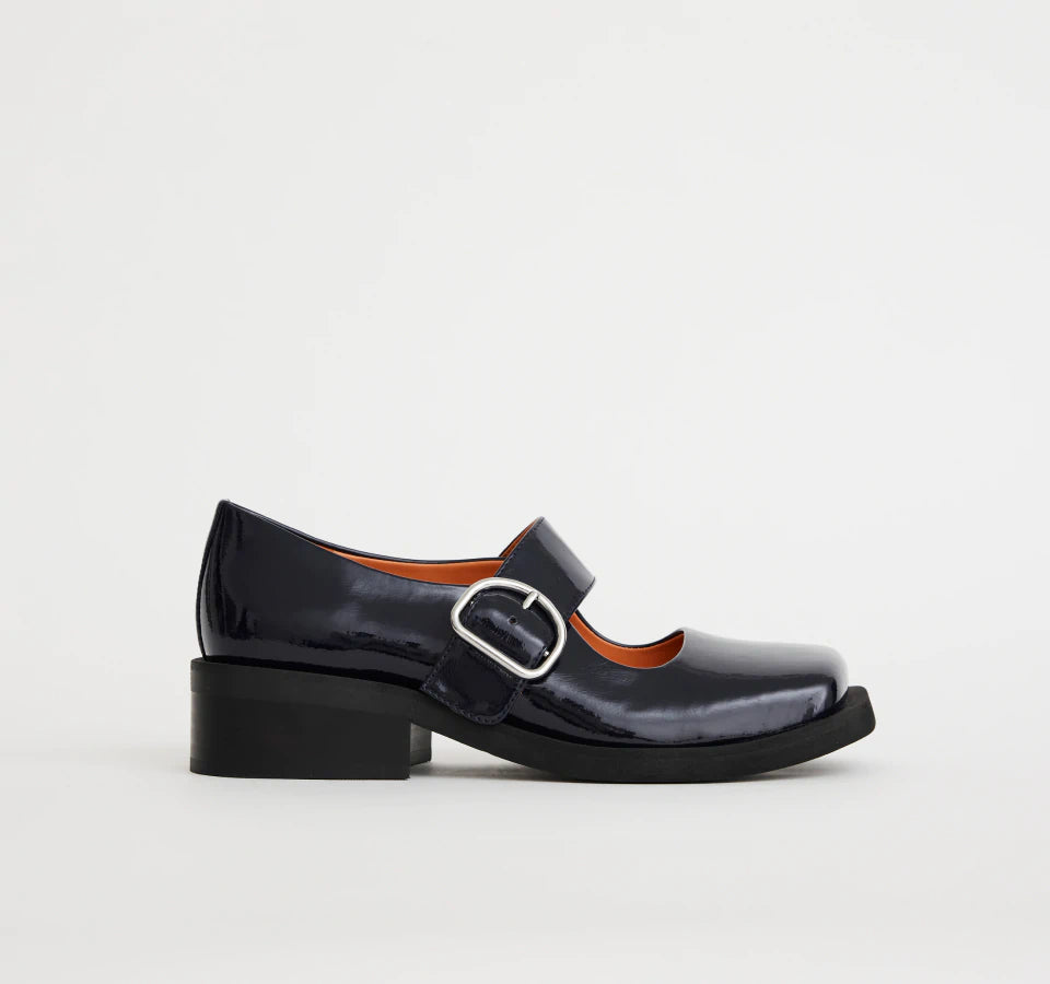 Square Toe Buckle Mary Jane Monae shoe in Navy Blue patent leather.