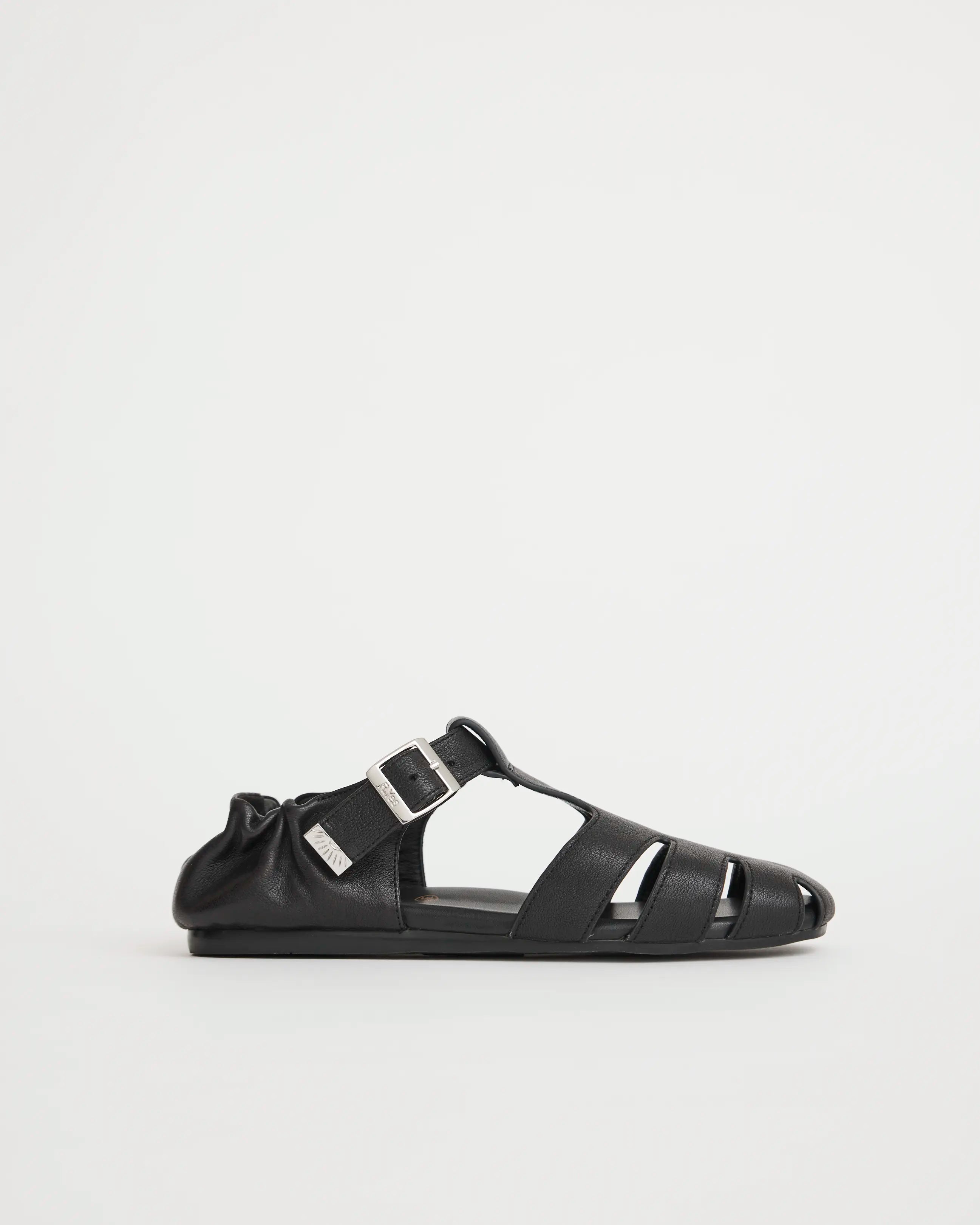 Black fisherman sandal with multiple straps on a light gray background