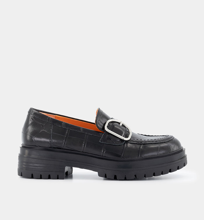 Una Buckle Slip On Loafer | Black Croc