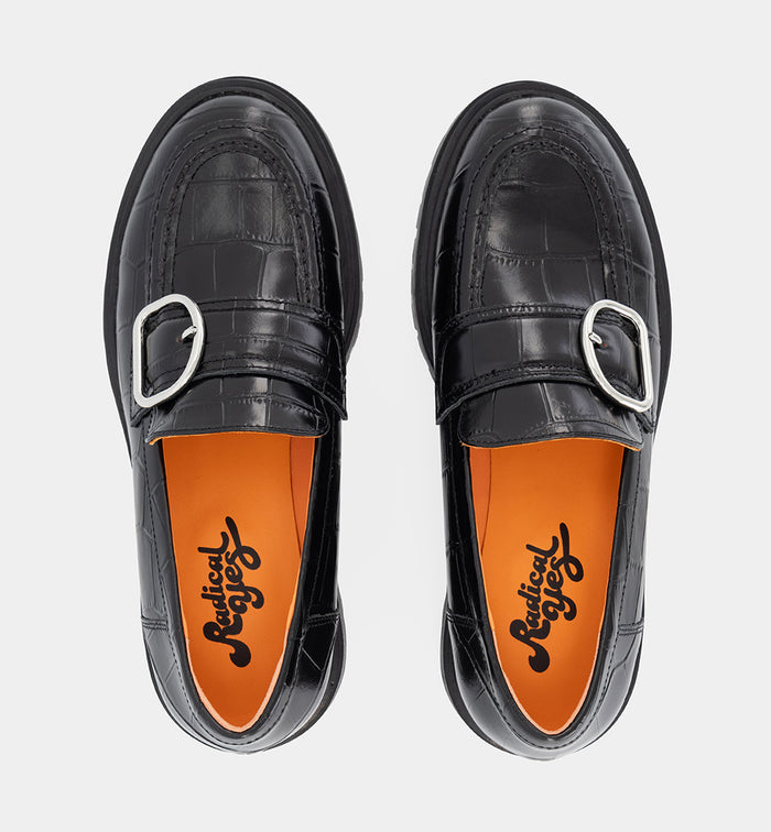 Una Buckle Slip On Loafer | Black Croc