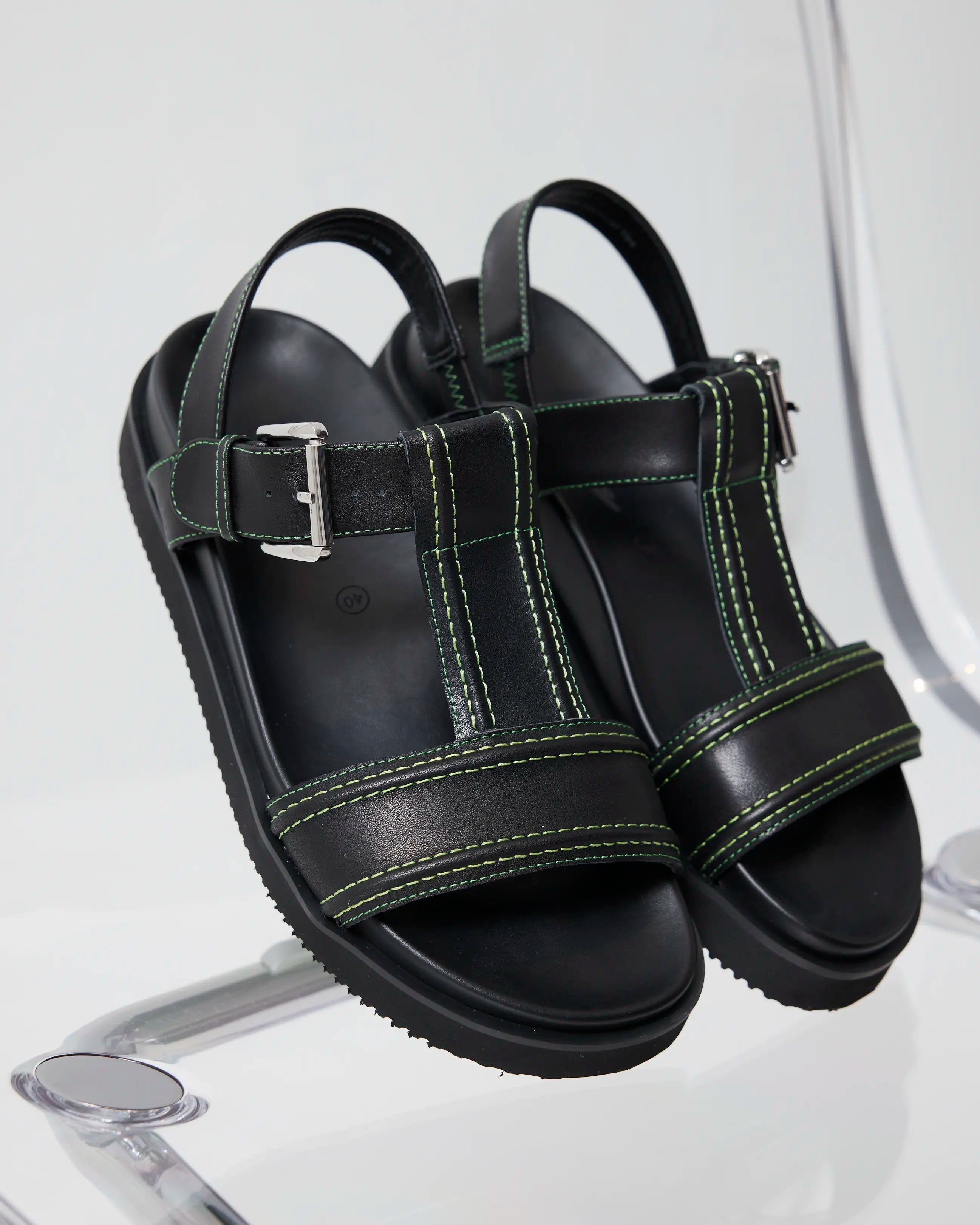 Visby T-Bar Sandal | Black with Green Topstitch