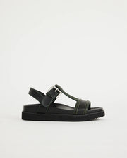 Visby T-Bar Sandal | Black with Green Topstitch