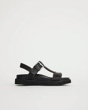 Visby T-Bar Sandal | Black with Electric Peach Topstitch