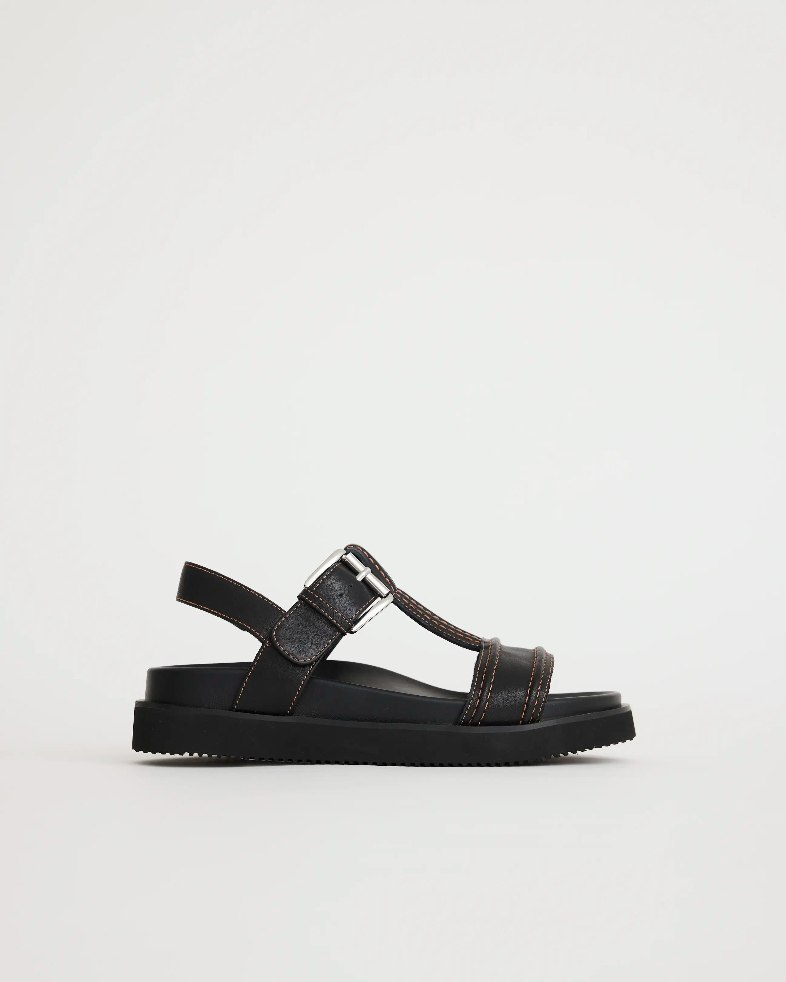 Visby T-Bar Sandal | Black with Electric Peach Topstitch