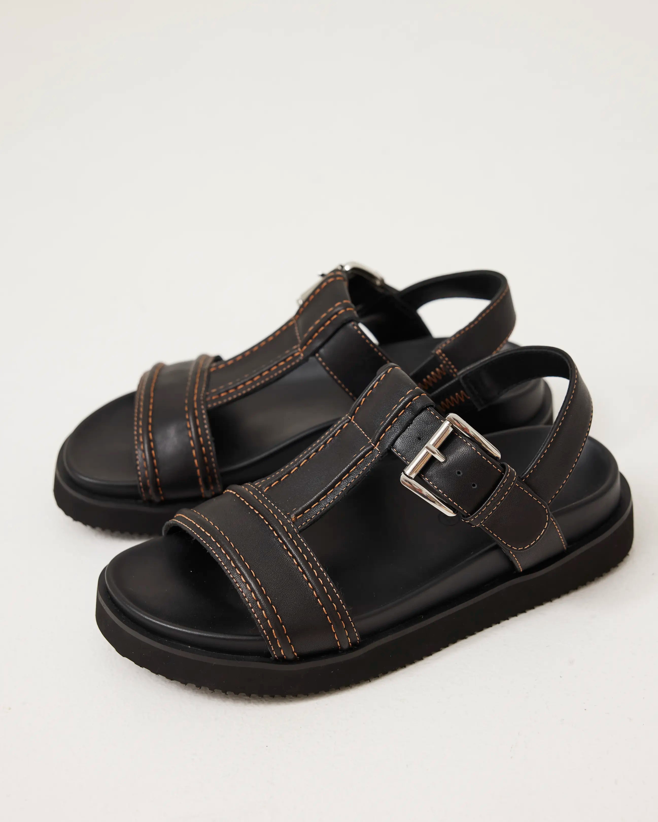 Visby T-Bar Sandal | Black with Electric Peach Topstitch