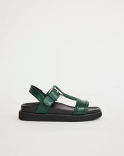 Visby T-Bar Sandal | Jade Green with Black Topstitch