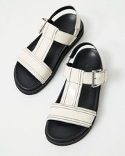 Visby T-Bar Sandal | Milk with Black Topstitch
