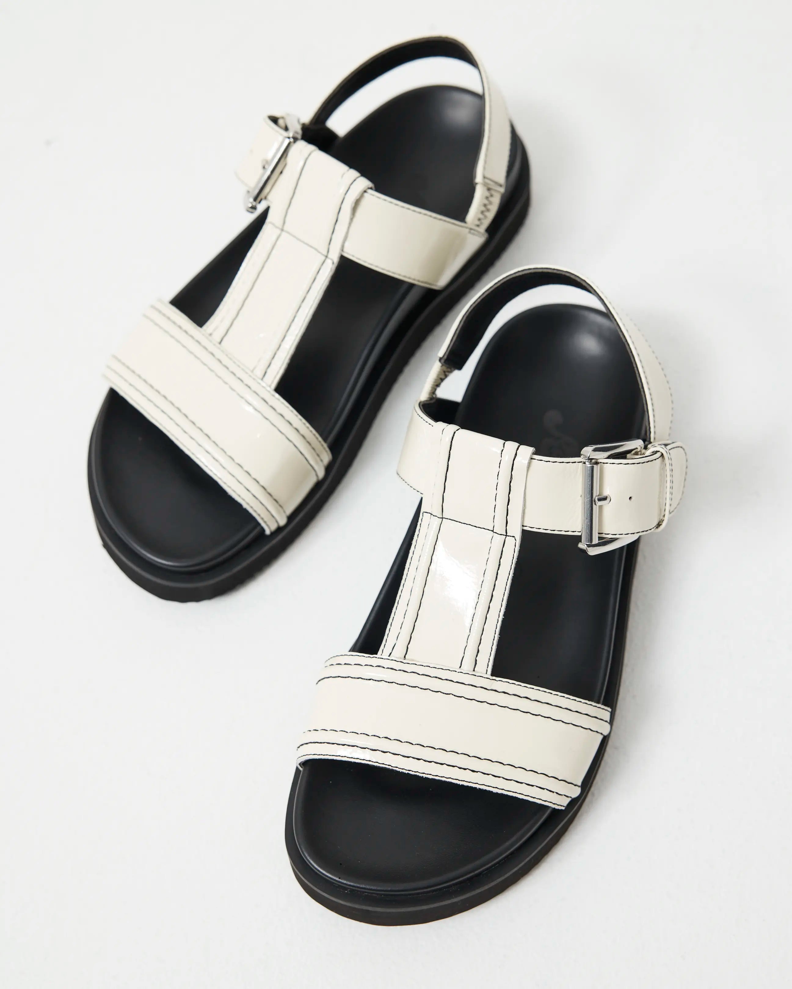 Visby T-Bar Sandal | Milk with Black Topstitch