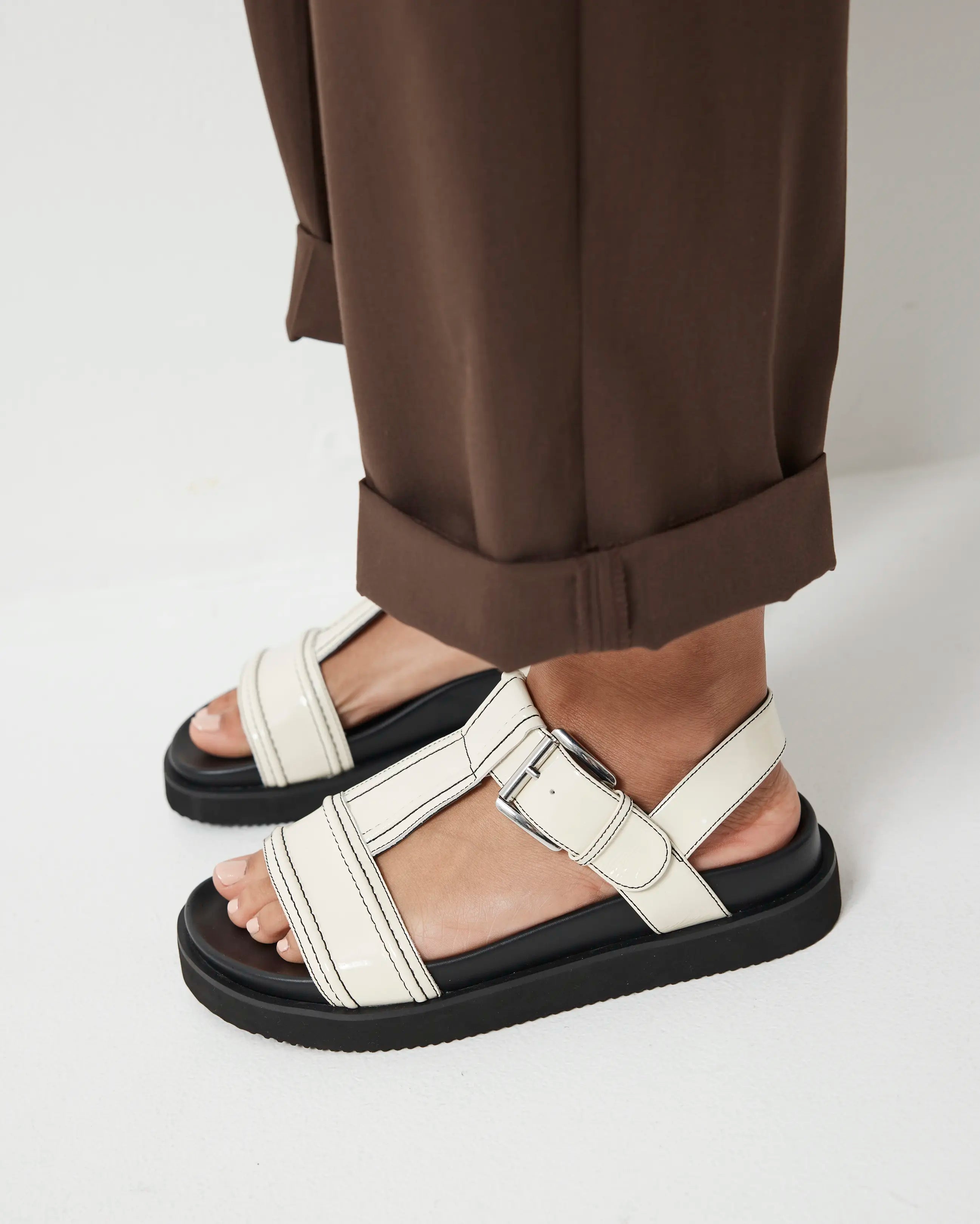 Visby T-Bar Sandal | Milk with Black Topstitch