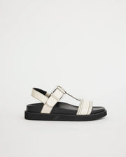 Visby T-Bar Sandal | Milk with Black Topstitch
