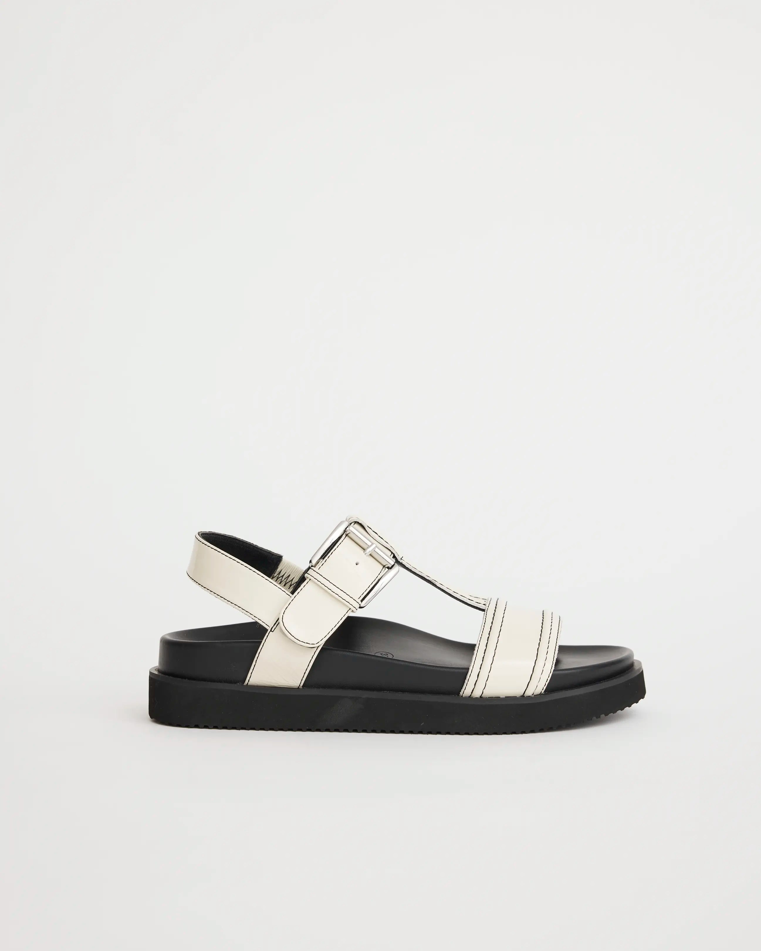 Visby T-Bar Sandal | Milk with Black Topstitch