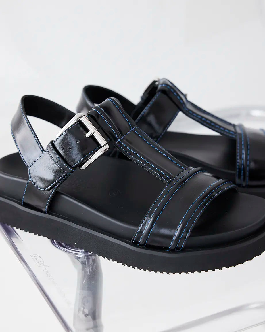 Visby T-Bar Sandal | Black with Sky Blue Top Stitch