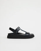 Visby T-Bar Sandal | Black with Sky Blue Top Stitch
