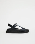 Visby T-Bar Sandal | Black with Sky Blue Top Stitch