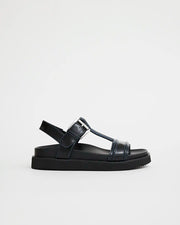 Visby T-Bar Sandal | Black with Sky Blue Top Stitch
