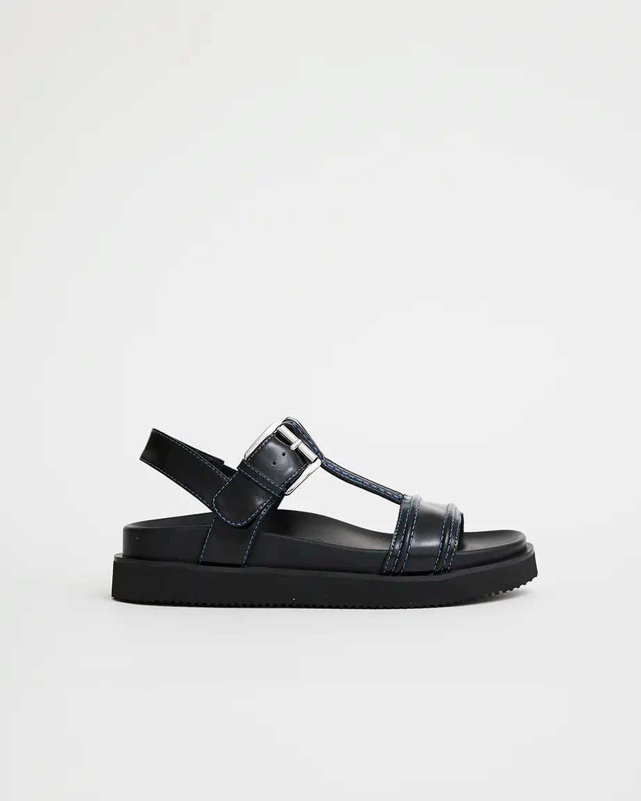 Visby T-Bar Sandal | Black with Sky Blue Top Stitch