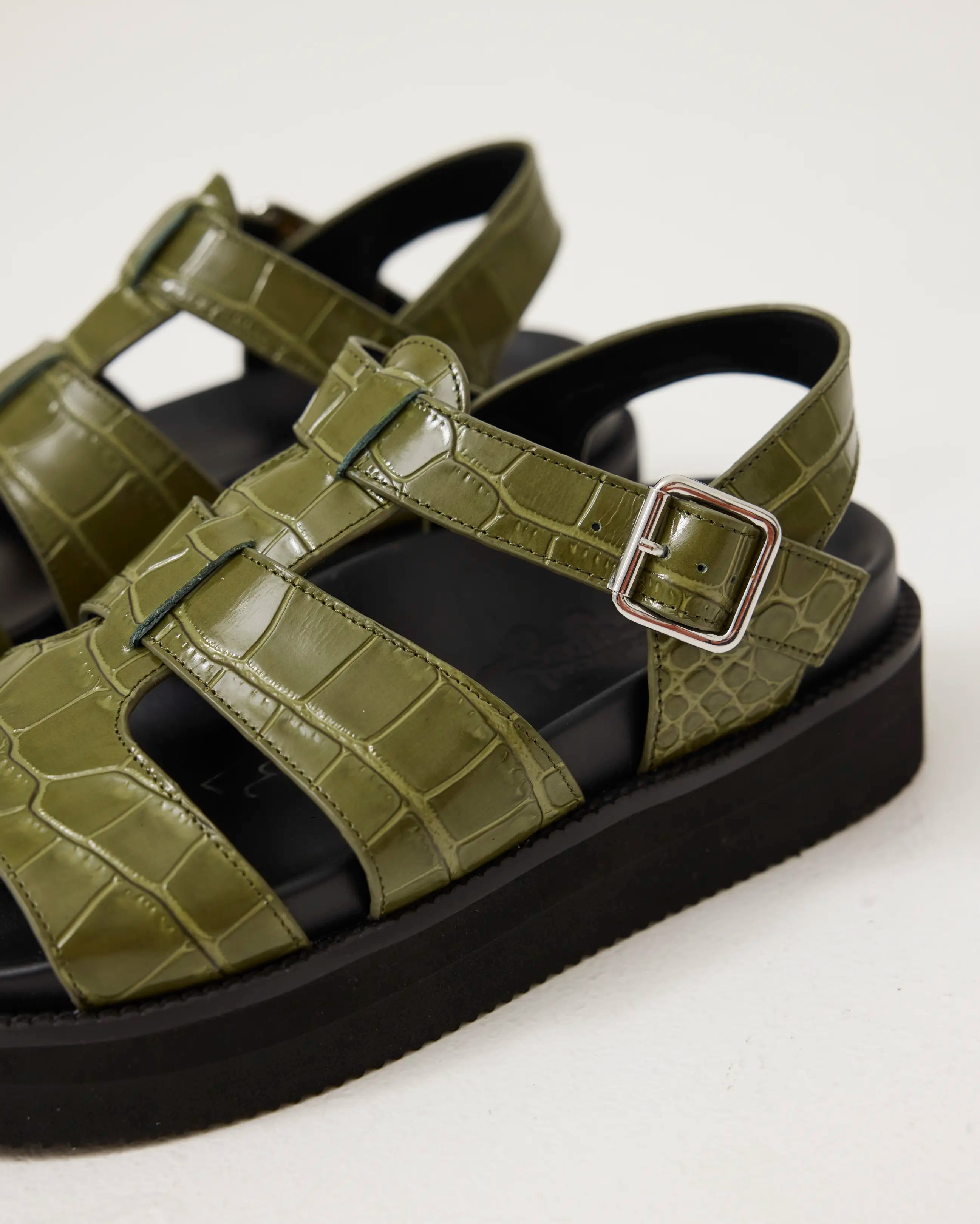 Volta T-Bar Sandal | Moss Green Croc